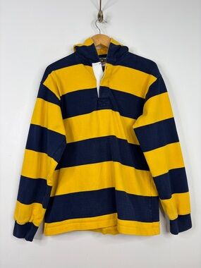 Barbarian Rugby Shirt Men Medium Hoodie Navy Blue Yellow Stripe Cotton Polo